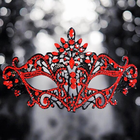 Handmade Accessories - Ruby Crystal Masquerade Mask, Black Mask, Party Mask, Masquerade Wedding Mask